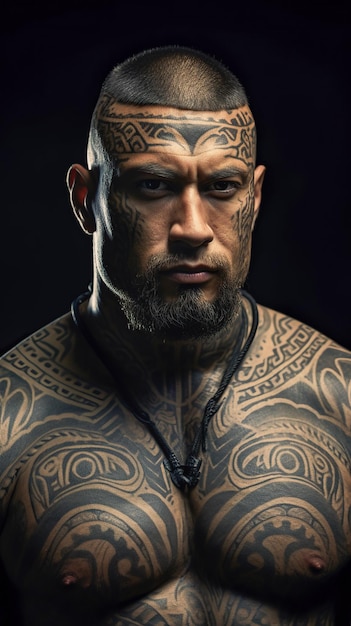 Ritratto di un guerriero Maori in Nuova Zelanda con tatuaggi che colpiscono sul viso