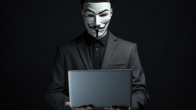 ritratto di un hacker che indossa un vestito e tiene in mano il portatile su uno sfondo grigio isolato