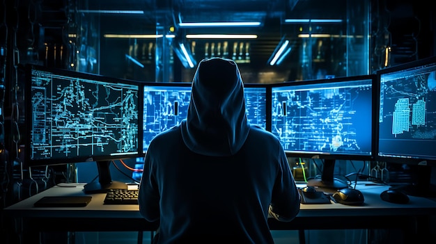 Ritratto di un hacker robotico anonimo Concetto di hacking di sicurezza informatica