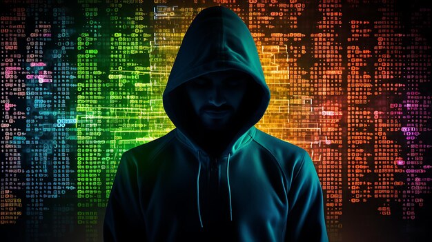 Ritratto di un hacker robotico anonimo Concetto di hacking di sicurezza informatica