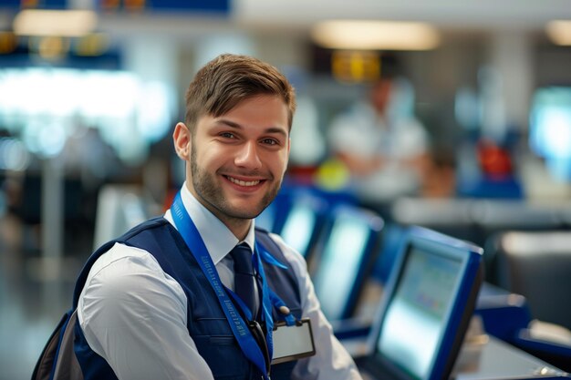 Ritratto di un impiegato dell'aeroporto sorridente in uniforme al bancone del check-in