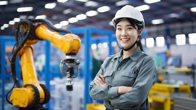 Ritratto di un'ingegnere asiatica che indossa un'uniforme e un casco di sicurezza in piedi sicura e allegra