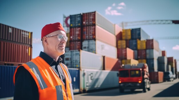 Ritratto di un ingegnere di magazzino che lavora in un cantiere di container industriali