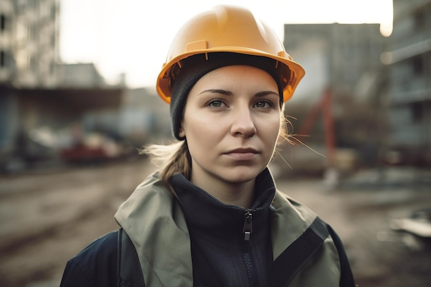 Ritratto di un ingegnere donna che indossa un casco da costruzione in un cantiere