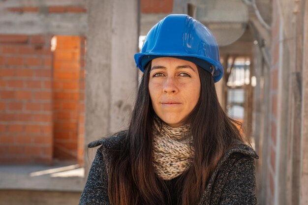 Ritratto di un ingegnere su un cantiere che guarda la telecamera Direttore di cantiere femminile con cappello blu