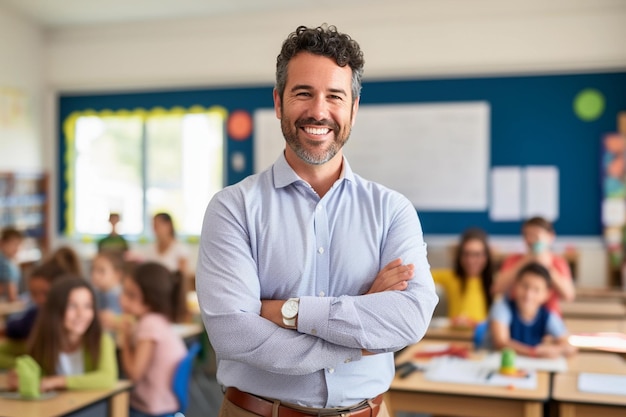 Ritratto di un insegnante maschio sorridente in una classe di scuola elementare che guarda la telecamera