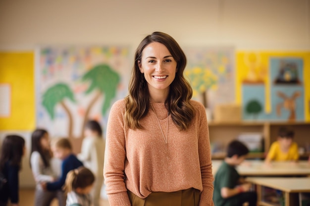 Ritratto di un insegnante sorridente in una classe di scuola elementare che guarda la telecamera con gli studenti che imparano