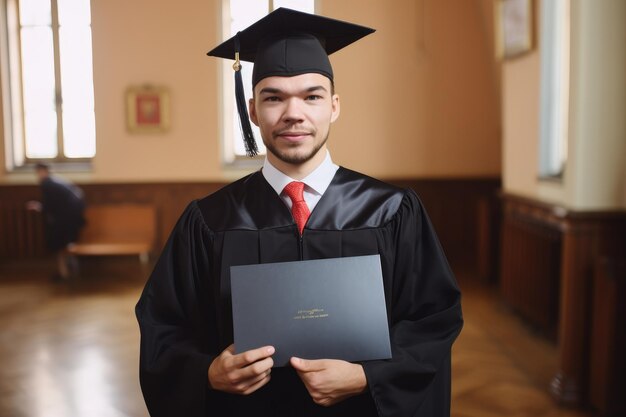 Ritratto di un laureato felice con il suo diploma il giorno della laurea creato con l'IA generativa