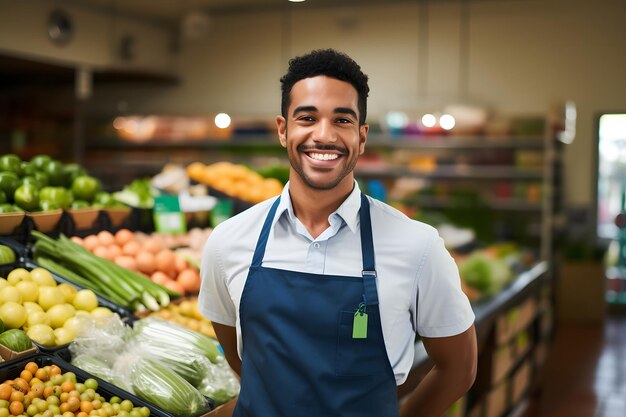 Ritratto di un lavoratore di un negozio di frutta e verdura sorridente accanto a prodotti freschi