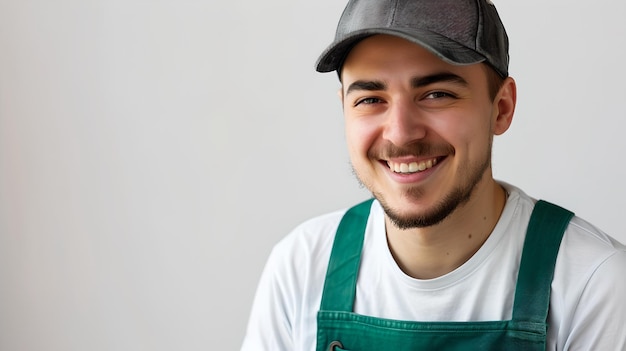 Ritratto di un lavoratore sorridente con un berretto e un grembiule su uno sfondo semplice Immagine di personale di servizio amichevole Abbigliamento di lavoro giovanile casuale foto AI