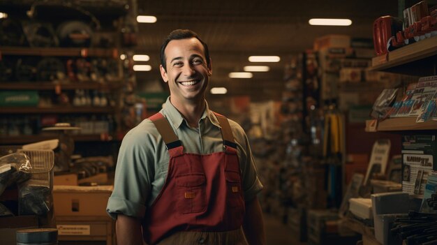 Ritratto di un lavoratore sorridente in uniforme in piedi al posto di lavoro lavoratore del magazzino di fronte alla telecamera