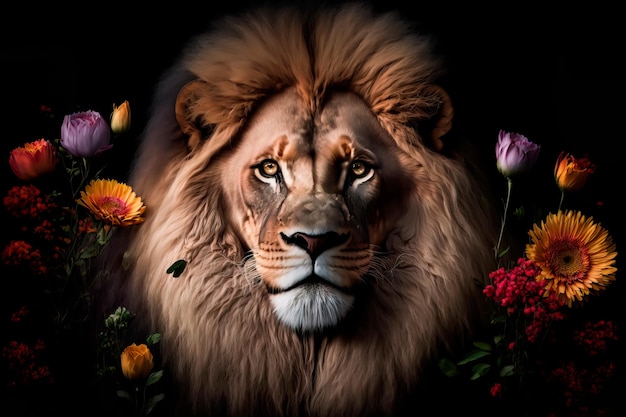Ritratto di un leone in fiori su uno sfondo scuro IA generativa