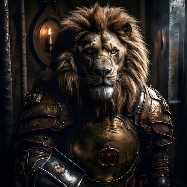 Ritratto di un leone maschio in armatura Fantasia in stile medievale