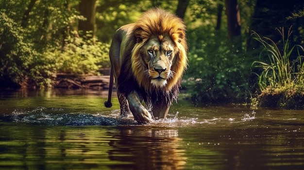 Ritratto di un leone nella giungla fluviale Scena selvaggia dalla natura Illustrazione generativa ai