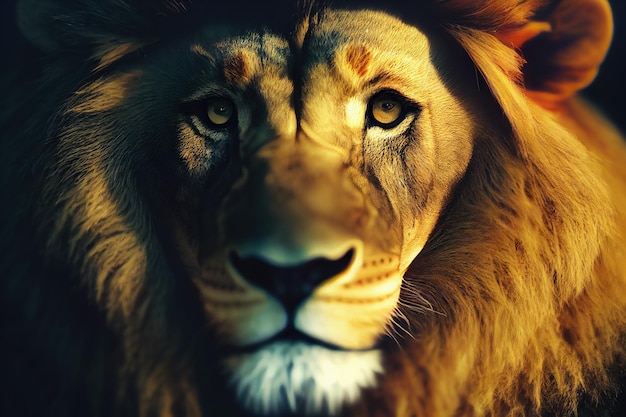 Ritratto di un leone Primo piano della faccia di leone selvaggio su sfondo nero