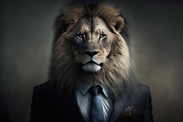 Ritratto di un leone vestito con un tailleur formale. illustrazione 3D