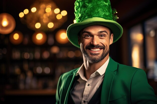 Ritratto di un leprechaun felice con foglie di trifoglio il giorno di San Patrizio