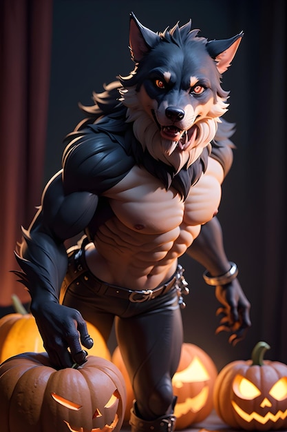 Ritratto di un lupo mannaro con una zucca di Halloween