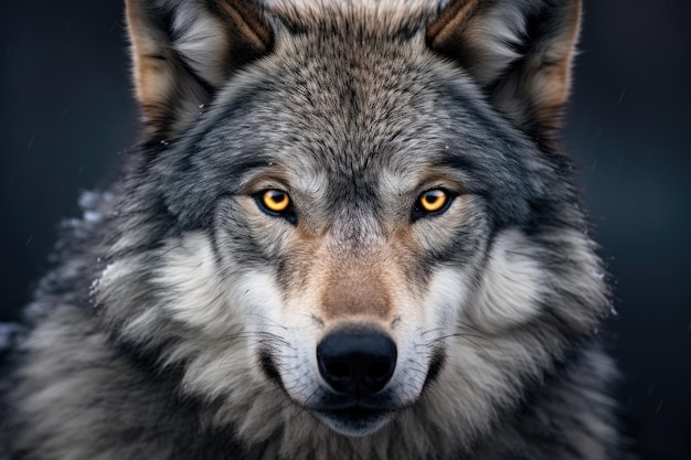 Ritratto di un lupo su uno sfondo nero in primo piano Un lupo grigio catturato in un ritratto in primo piano che fissa intensamente AI Generato