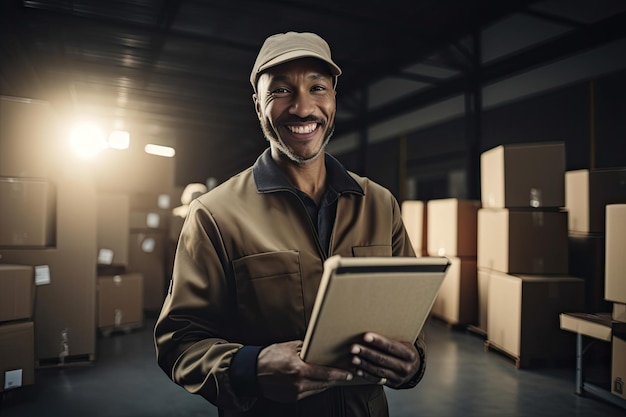 Ritratto di un magazziniere sorridente che tiene in mano una tavoletta digitale mentre si trova in magazzino IA generativa