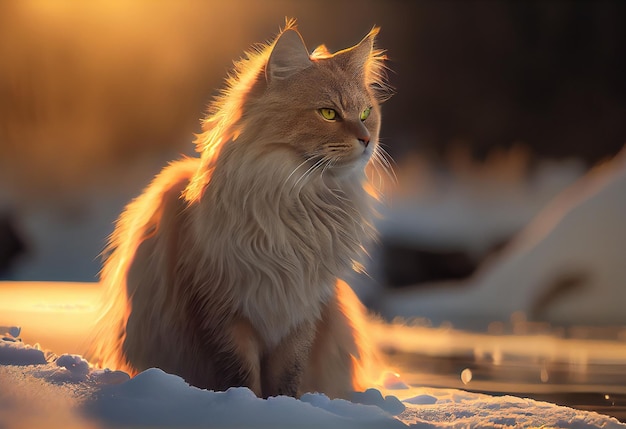 Ritratto di un magnifico gatto Manx sulla neve realizzato con Generative AI