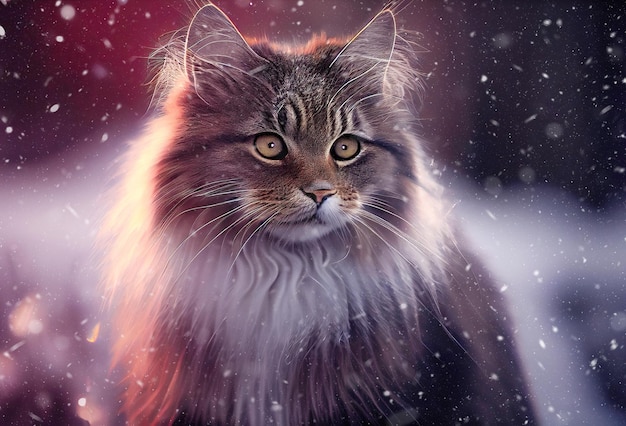 Ritratto di un magnifico gatto Manx sulla neve realizzato con Generative AI