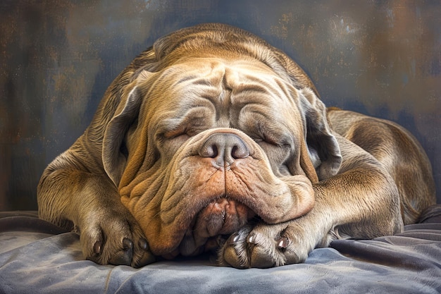 Ritratto di un mastiff napoletano addormentato che riposa pacificamente su una coperta testurata