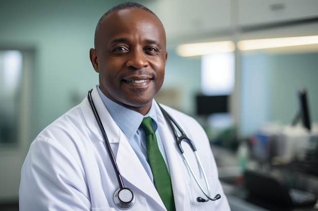 Ritratto di un medico afroamericano sorridente in piedi nel corridoio dell'ospedale
