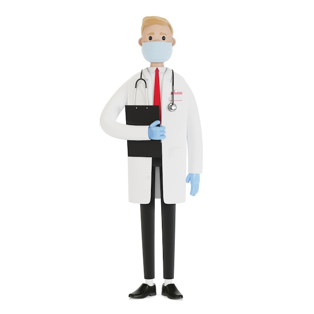 Ritratto di un medico che indossa una maschera e guanti. Illustrazione 3D in stile cartone animato.