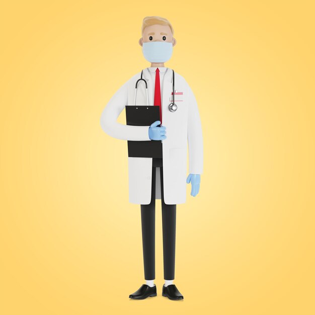 Ritratto di un medico che indossa una maschera e guanti. Illustrazione 3D in stile cartone animato.