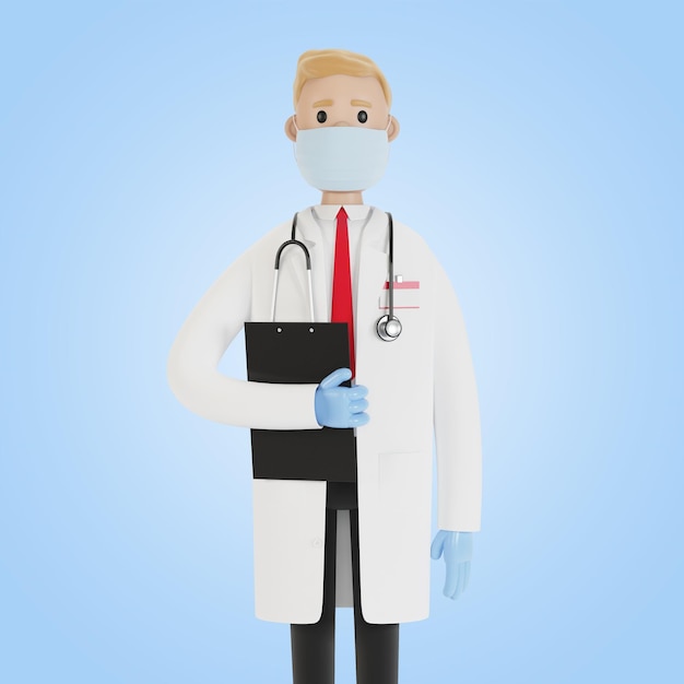 Ritratto di un medico che indossa una maschera e guanti Illustrazione 3D in stile cartone animato