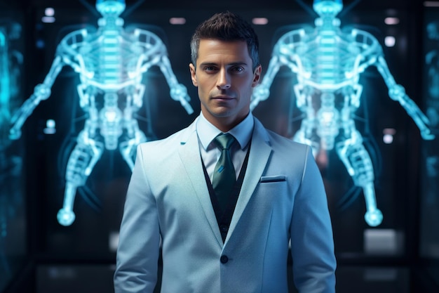 Ritratto di un medico con un ologramma blu luminoso di uno scheletro umano uso di alte tecnologie in