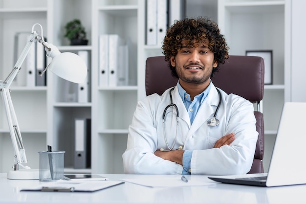 Ritratto di un medico indù di successo all'interno dell'ufficio di una clinica moderna seduto sul posto di lavoro