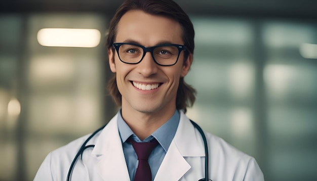 Ritratto di un medico sorridente con una camicia bianca e uno stetoscopio