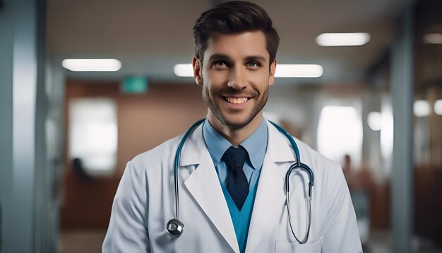 Ritratto di un medico sorridente in piedi nel corridoio dell'ospedale Dottore che guarda la telecamera e sorride Concetto di medicina e assistenza sanitaria