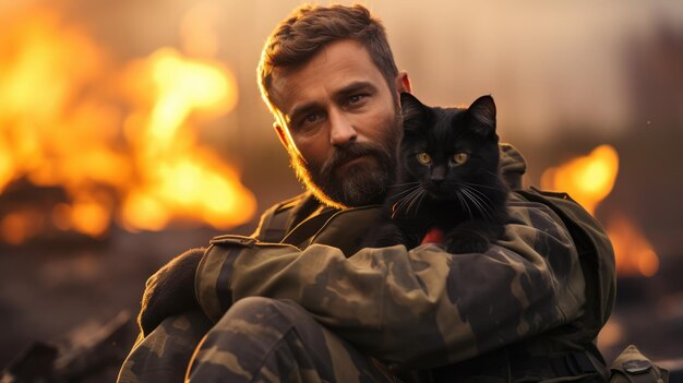 Ritratto di un militare che tiene un gattino