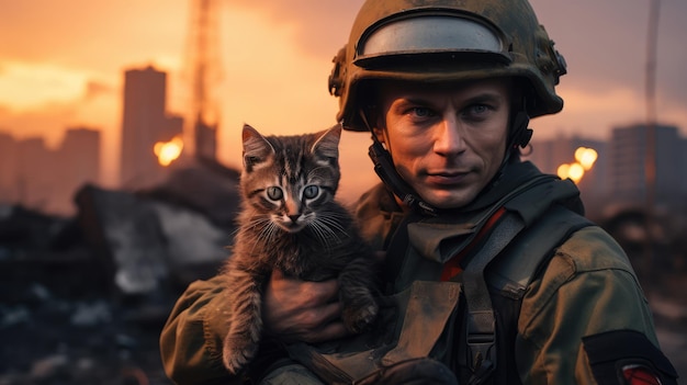 Ritratto di un militare con una pistola che tiene un gattino