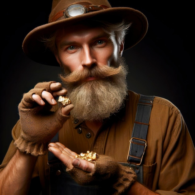 ritratto di un minatore d'oro con una pepita in mano su uno sfondo nero ai generativo