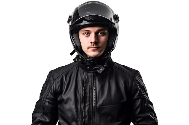 ritratto di un motociclista in posa con un casco nero su sfondo bianco
