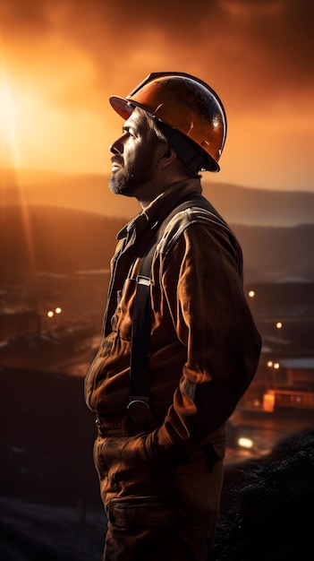 Ritratto di un operaio con casco arancione sullo sfondo del tramonto