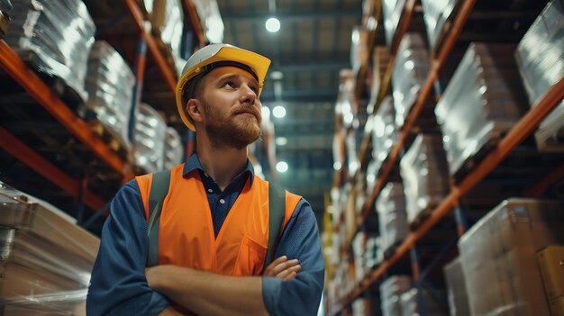 Ritratto di un operaio di un magazzino che indossa un casco e un giubbotto di sicurezza guardando gli scaffali