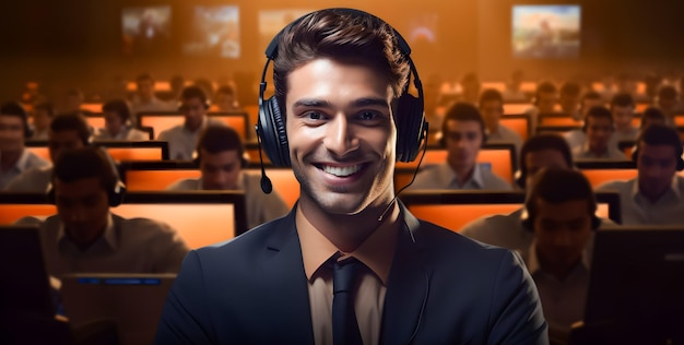 Ritratto di un operatore telefonico maschio sorridente dell'assistenza clienti presso l'ufficio Call center e servizio clienti