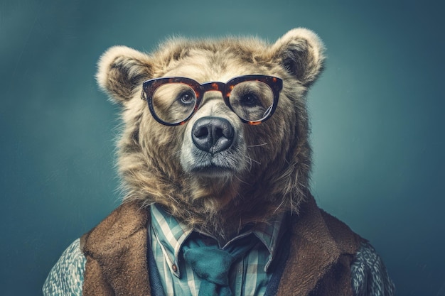 Ritratto di un orso che indossa abiti e occhiali AI generativa