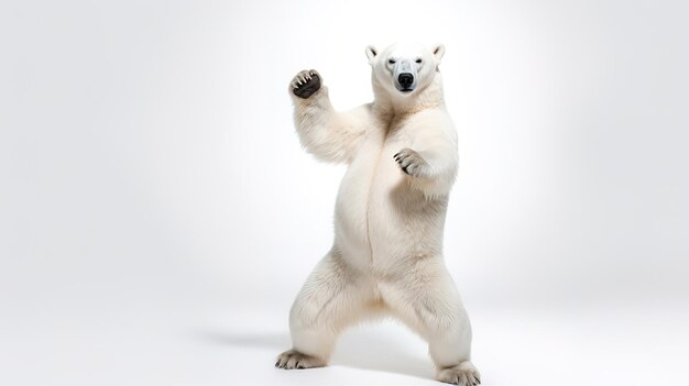 Ritratto di un orso polare bianco che danza felicemente isolato su uno sfondo bianco