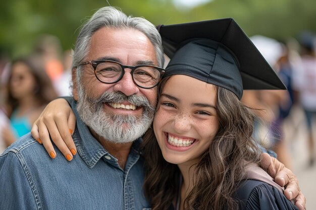 Ritratto di un padre che abbraccia la figlia laureata nel giorno della sua convocazione con un bellissimo sfondo sfocato e spazio per testo o prodotto