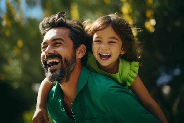 Ritratto di un padre felice e della sua piccola figlia nel parco Ai generato