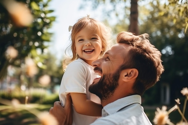 Ritratto di un padre felice e della sua piccola figlia nel parco