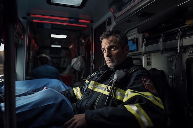 Ritratto di un paramedico seduto in un'ambulanza di notte