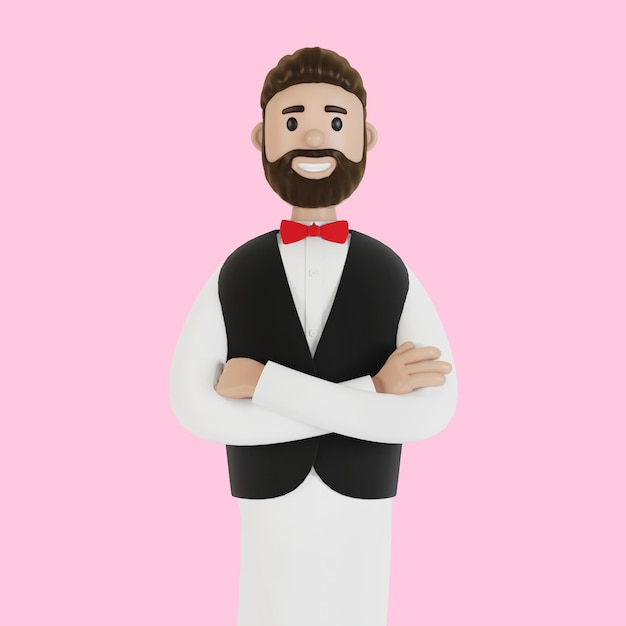 Ritratto di un personaggio dei cartoni animati di un'illustrazione 3D del cameriere