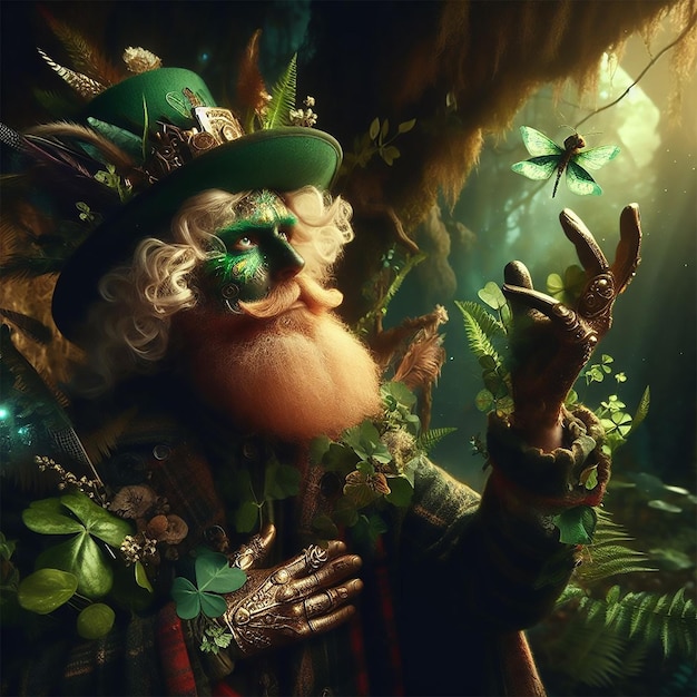 Ritratto di un personaggio mistico leprechaun circondato da natura e vegetazione